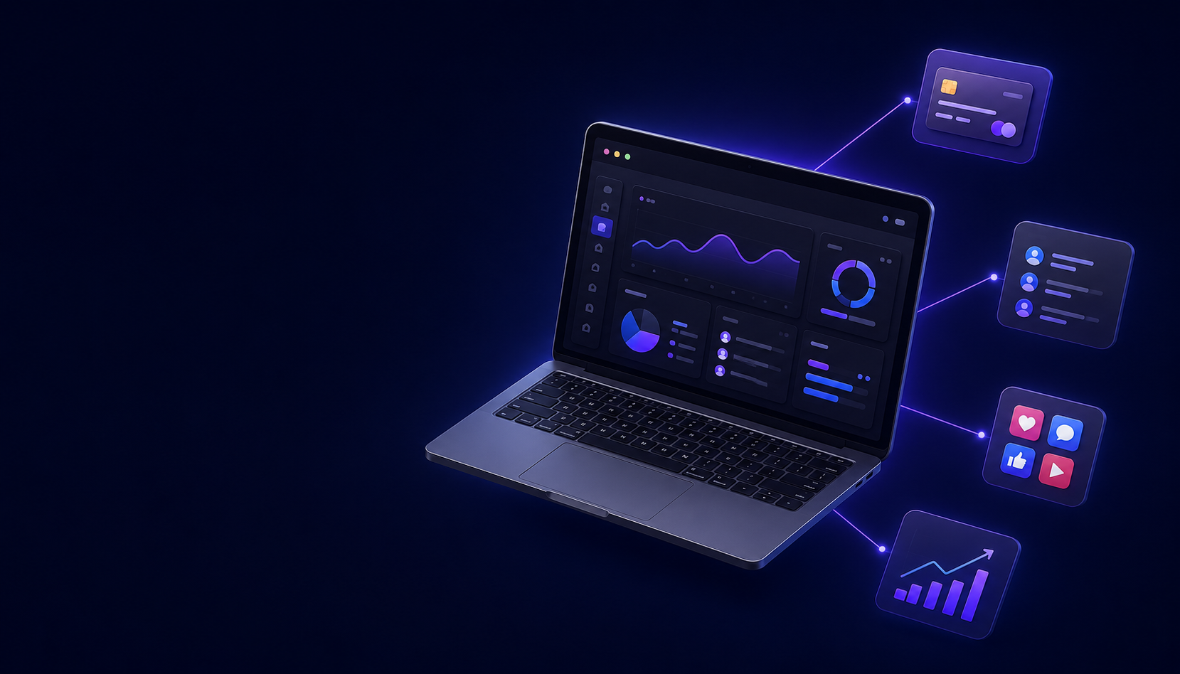 Dashboard on a laptop connected to icons for payments, CRM, social media and growth